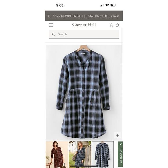Garnet Hill Gauze Shirtdress 2 EUC navy plaid long sleeve organic cotton button - Picture 7 of 10